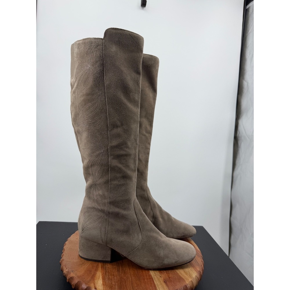 Marc Fisher LTD Tall Suede Boots Women 11M Taupe Floral Embroidered Square Toe